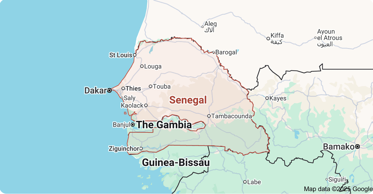 Map of Senegal and Gambia showing programme locations